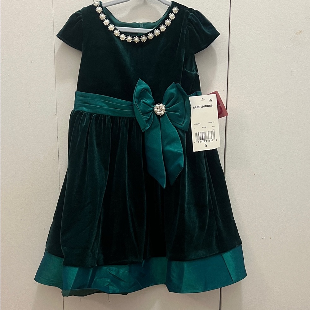 Rare Editions Teal Velvet Dress with Floral Accents